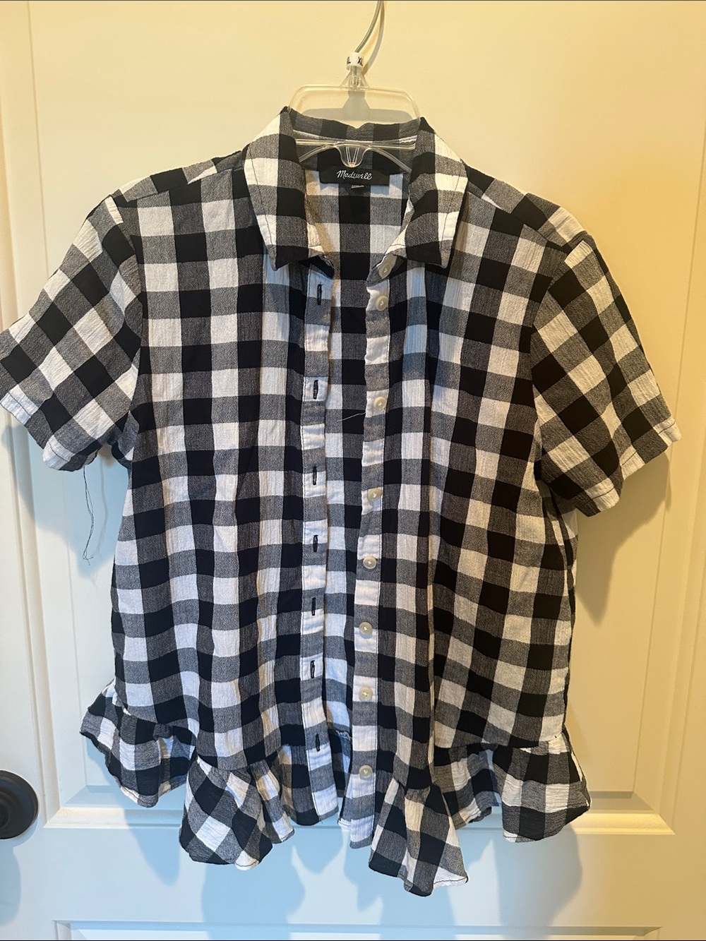 Madewell Black & White Check Short-Sleeve Button-Up with Ruffle Hem